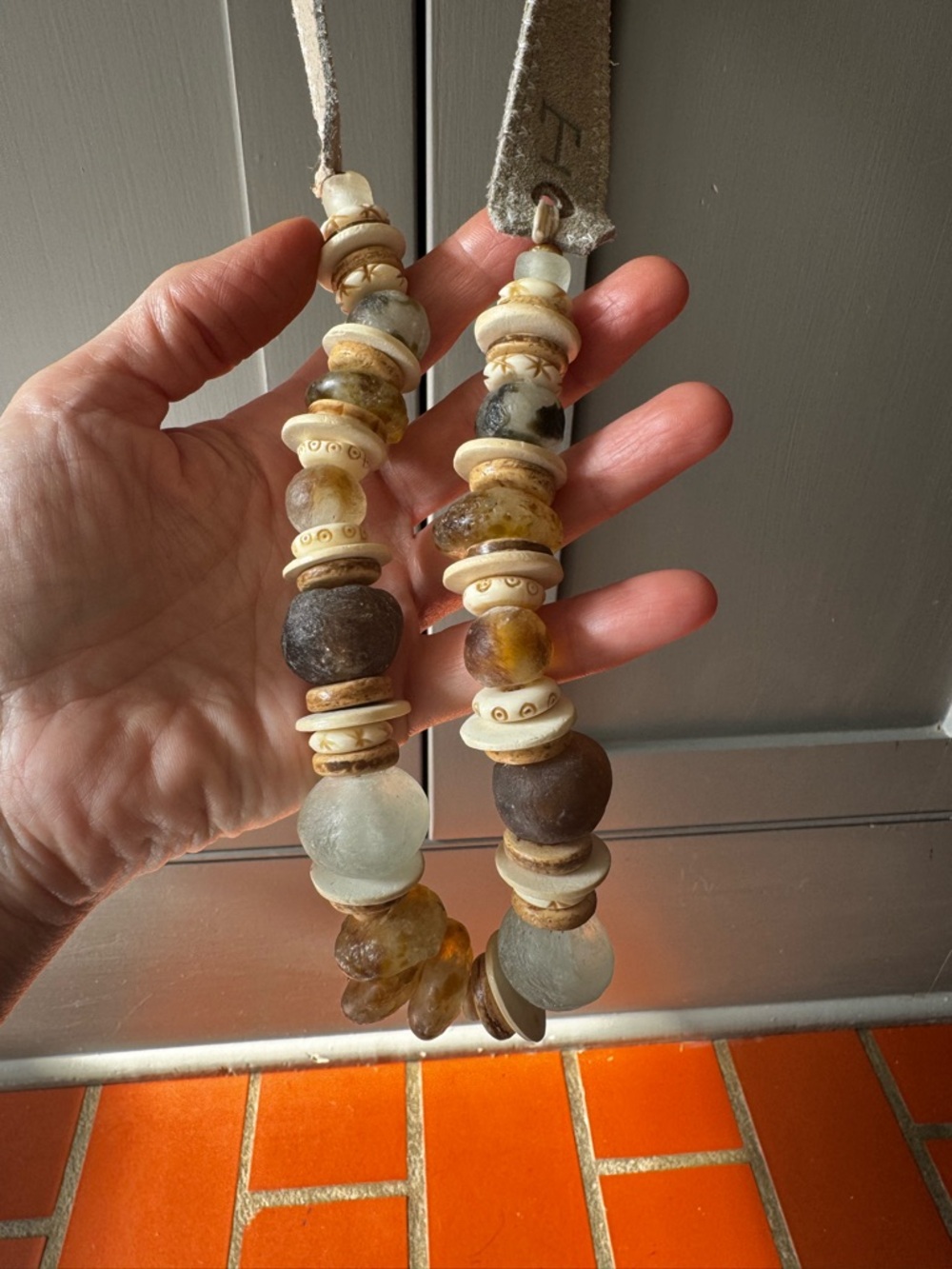Twine & Twig Boho Glass & Bone Bead Necklace - Cream, Brown, Amber